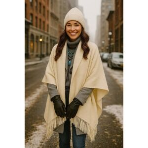 VTG Churchill Handwoven Ivory Cream Wool Shawl Wrap Boho City Southwestern Chic